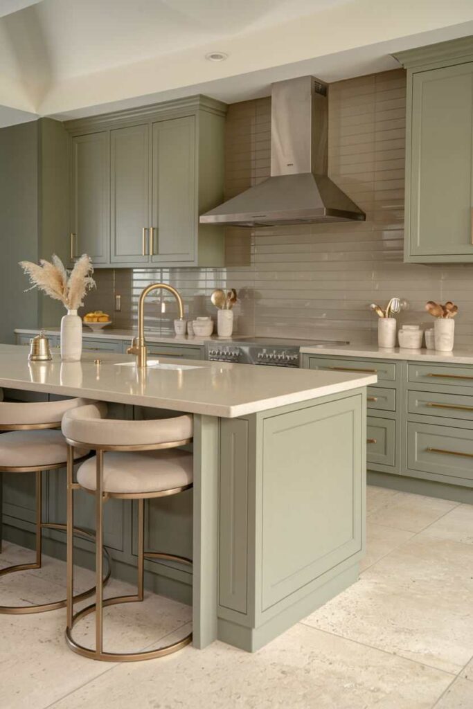 A sage green kitchen with with limestone countertops