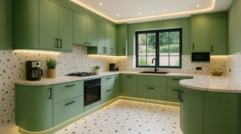 A led strips lights in sage green kitchen and black framed windows