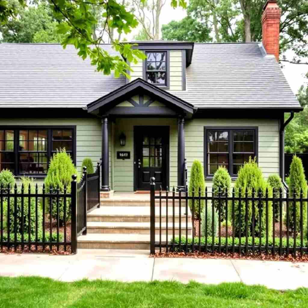 Sage green home with black porch columns and black fencing
