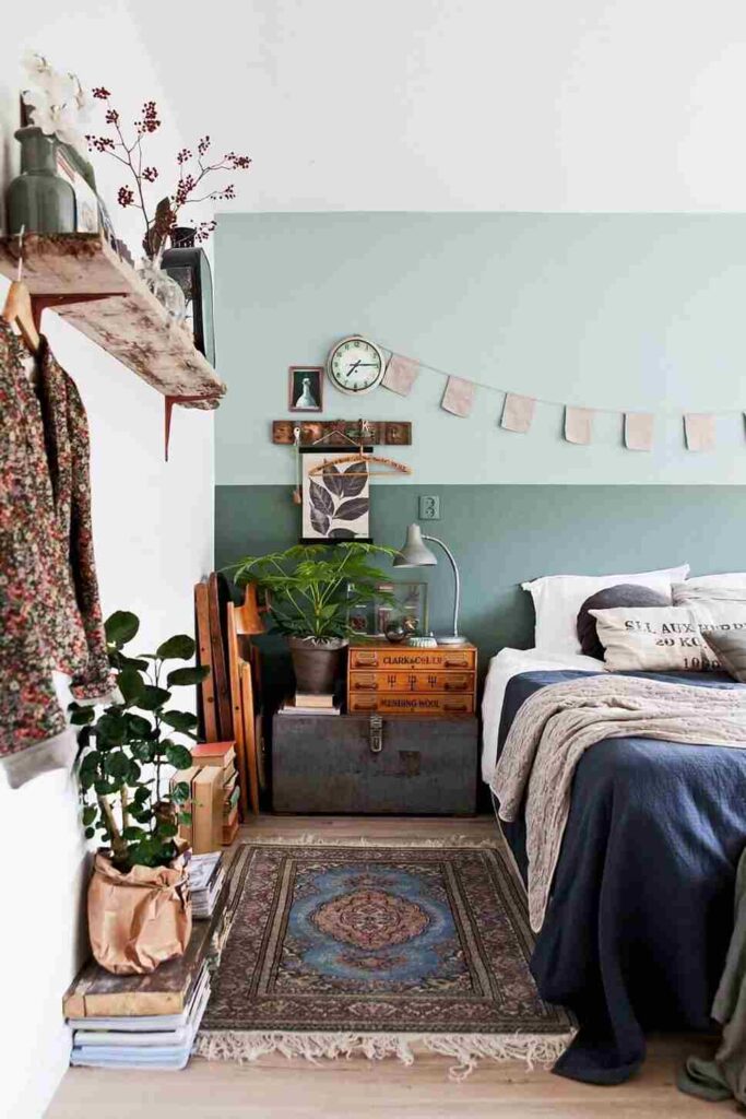 A bedroom in two tones light and dark with rug on the wooden floor 