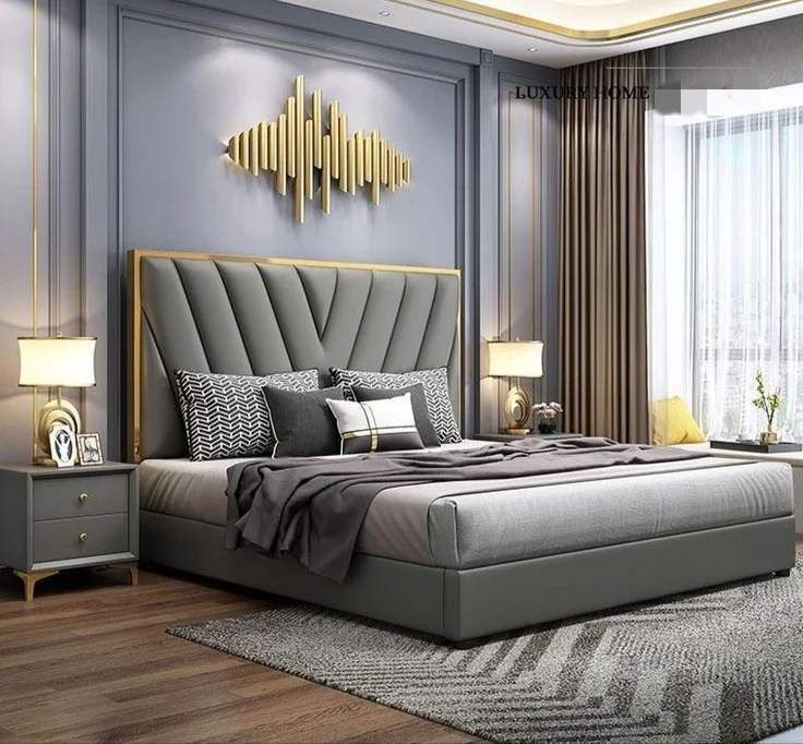 A bedroom with Upholstered headboard and nightstand 
