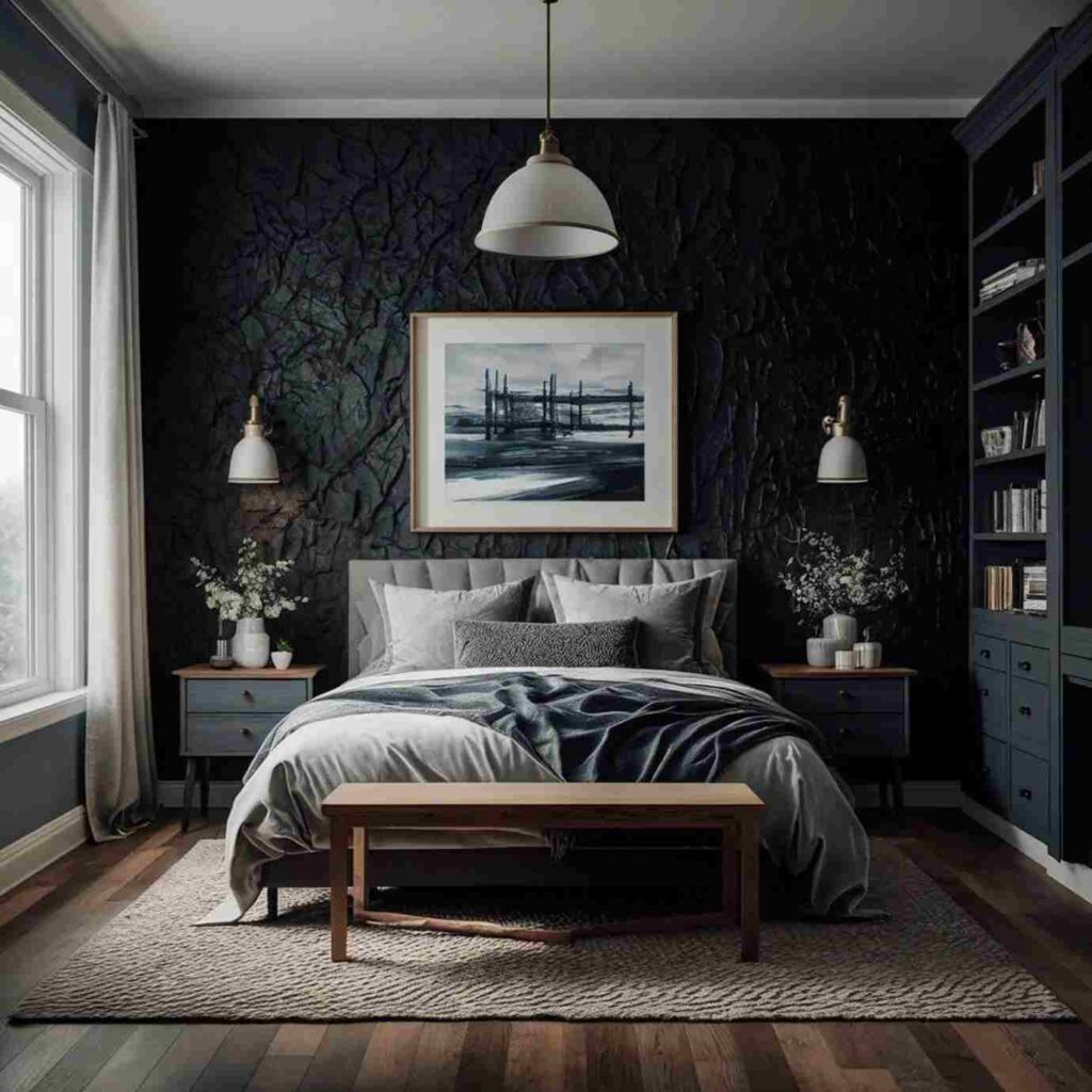 A black bedroom with grey bed ad flower vase on the side table