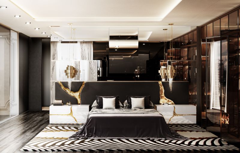 A black bedroom with white celling and white and black rug