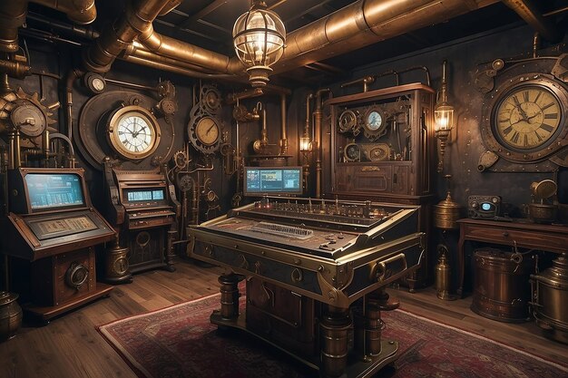 A Vintage machinery in steampunk house with clock on the wall