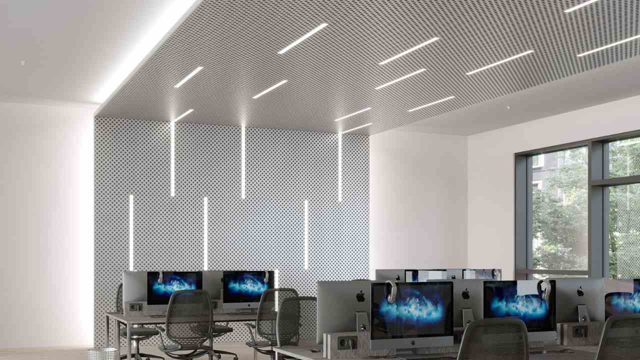 White ceiling with light fixtures in a office room 