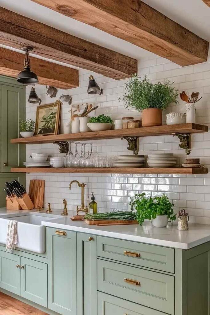 A sage green with wooden shelves and white countertop