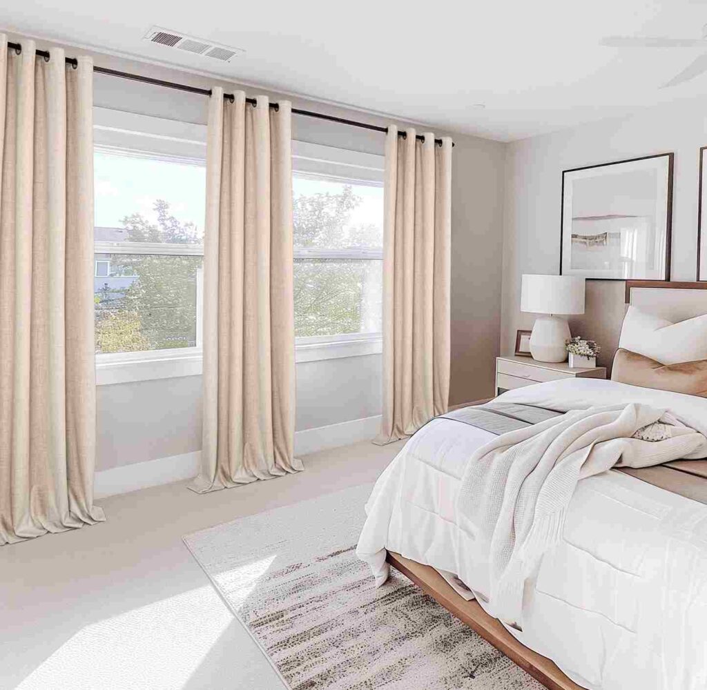 A bedroom with windows and curtains and nightstand on the side and lamp on it