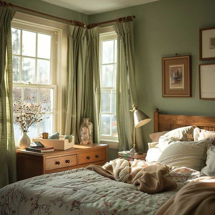 A sage green bedroom with windows and sheer curtains