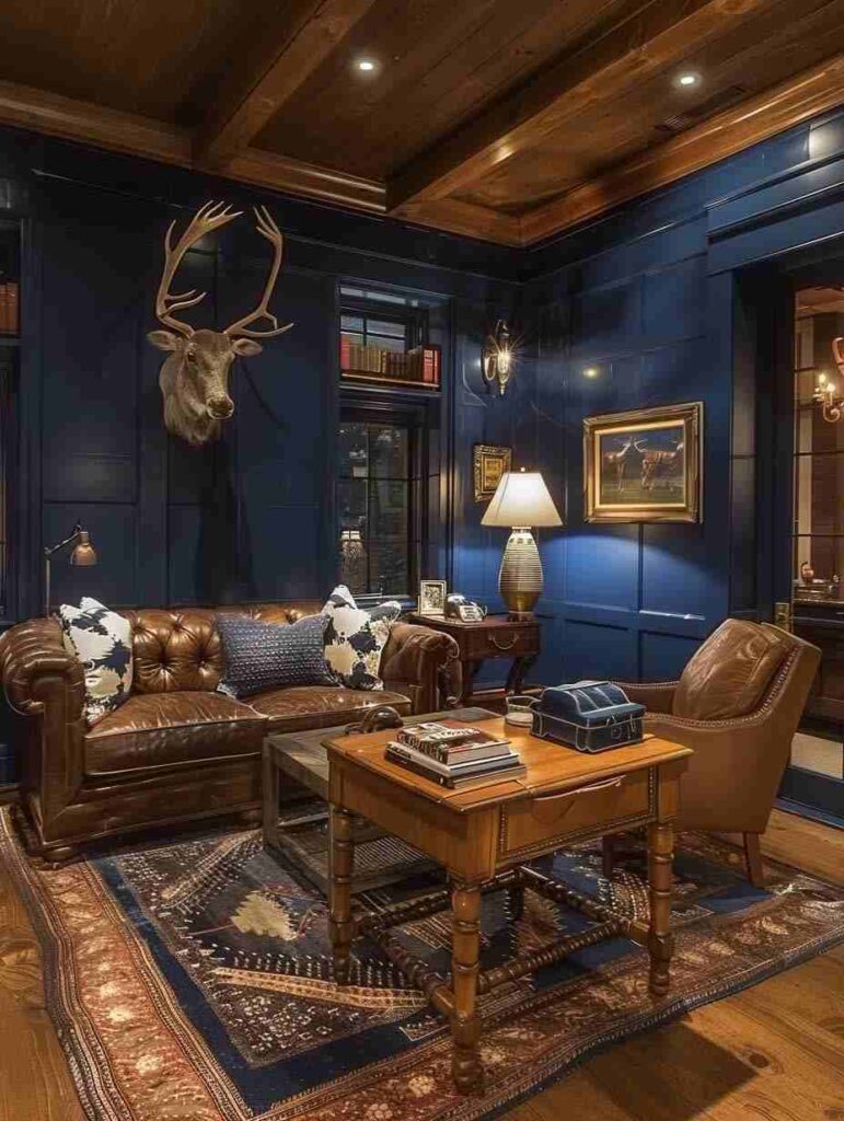 Blue living room with wooden celling and brown furniture