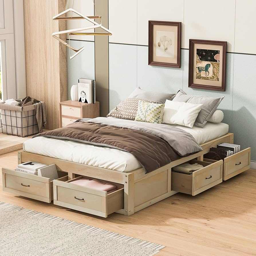 Wooden bed frame with storage and white wall