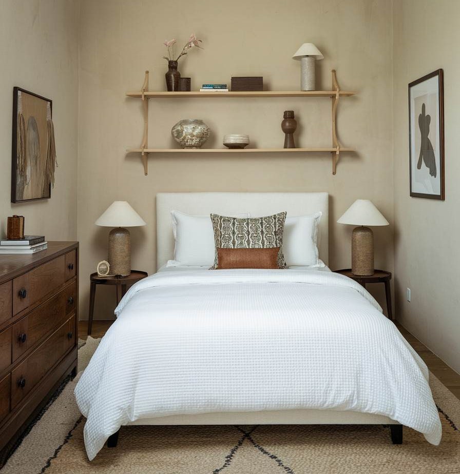 Wooden floating shelve above the bed on beige wall