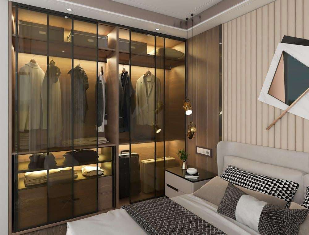 Glass of wardrobe and wooden wall backdrop of the room