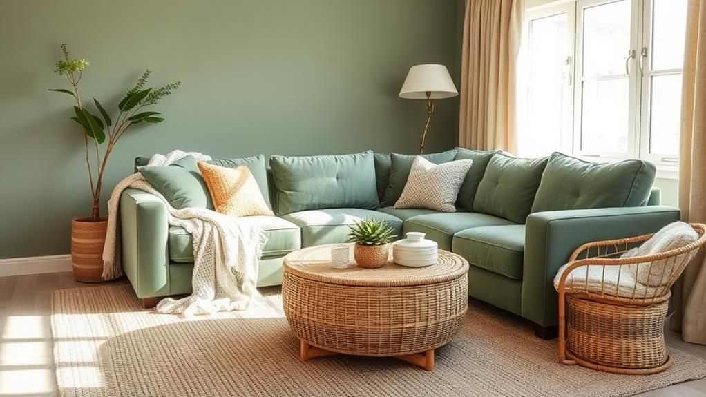 A sage green living room with sofa and woven chairs and table and wooden floor
