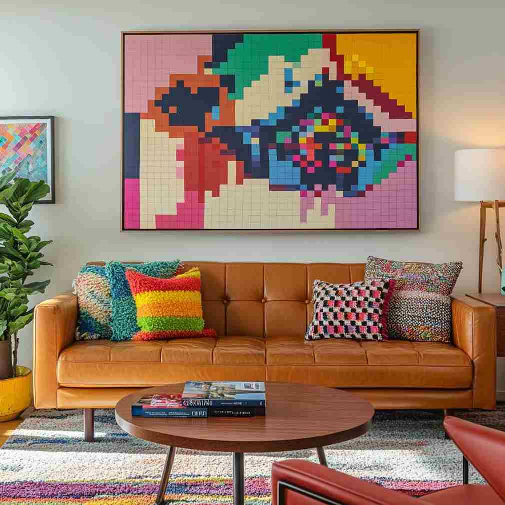 A living room with sofa and table and print on the wall