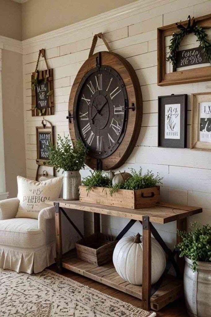 A living room and wooden watch on the wall