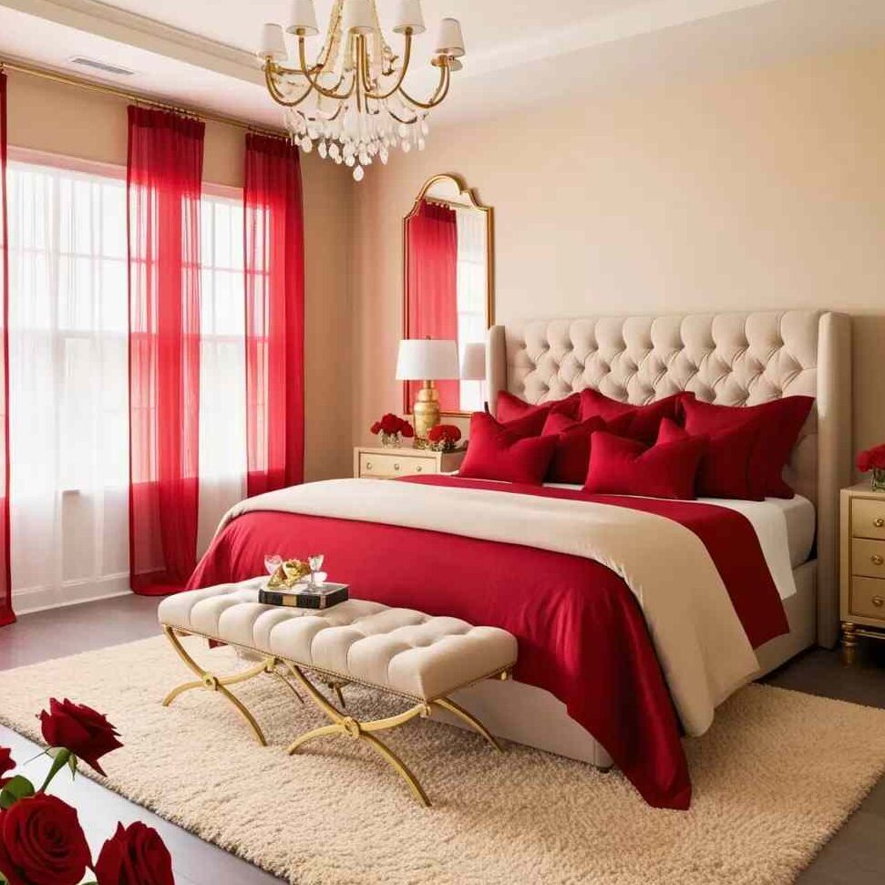 A bed bedding with red accents and rug on the floor and white and red curtains
