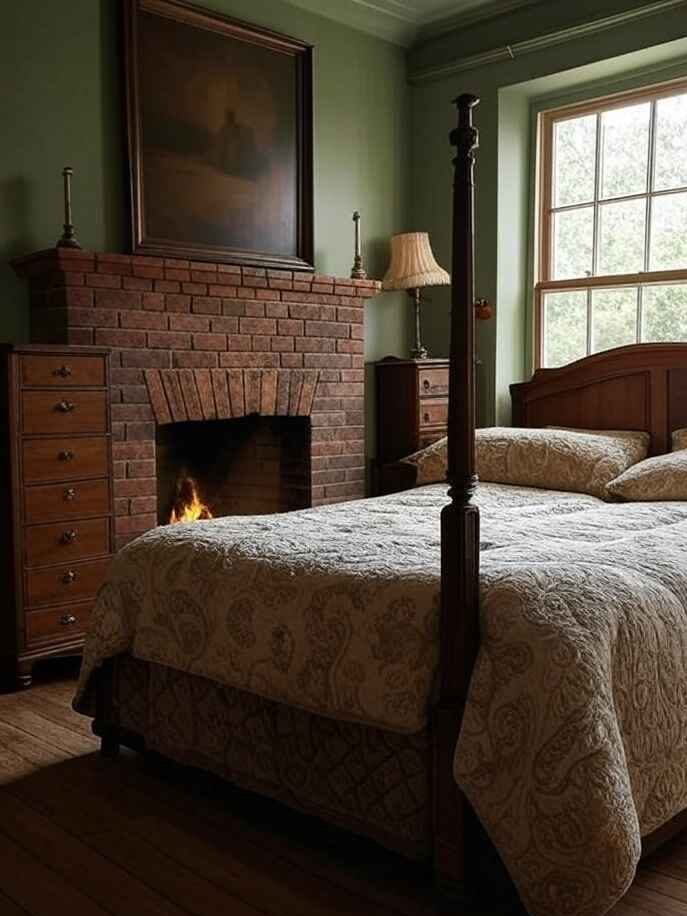 A sage green bedroom with fireplace and lamp on the table