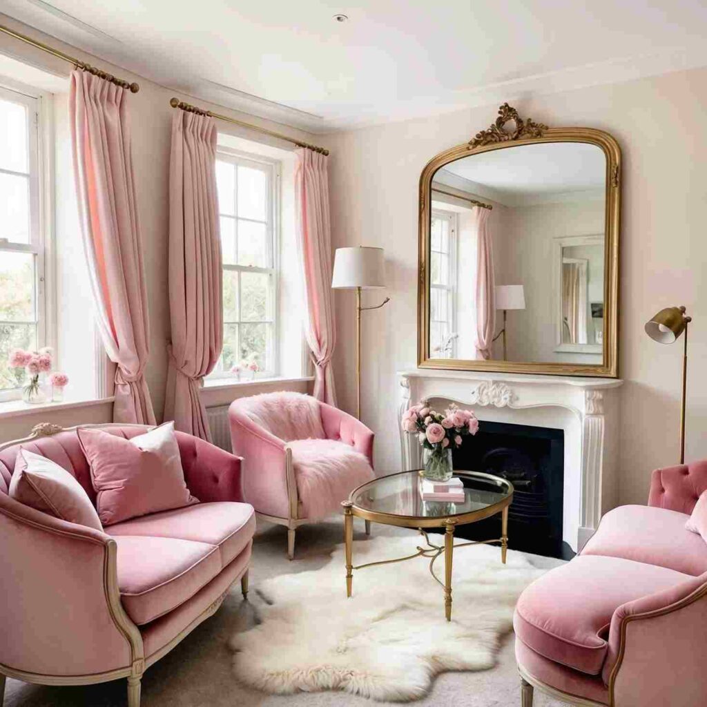 A beige and pink living room with mirror on the wall