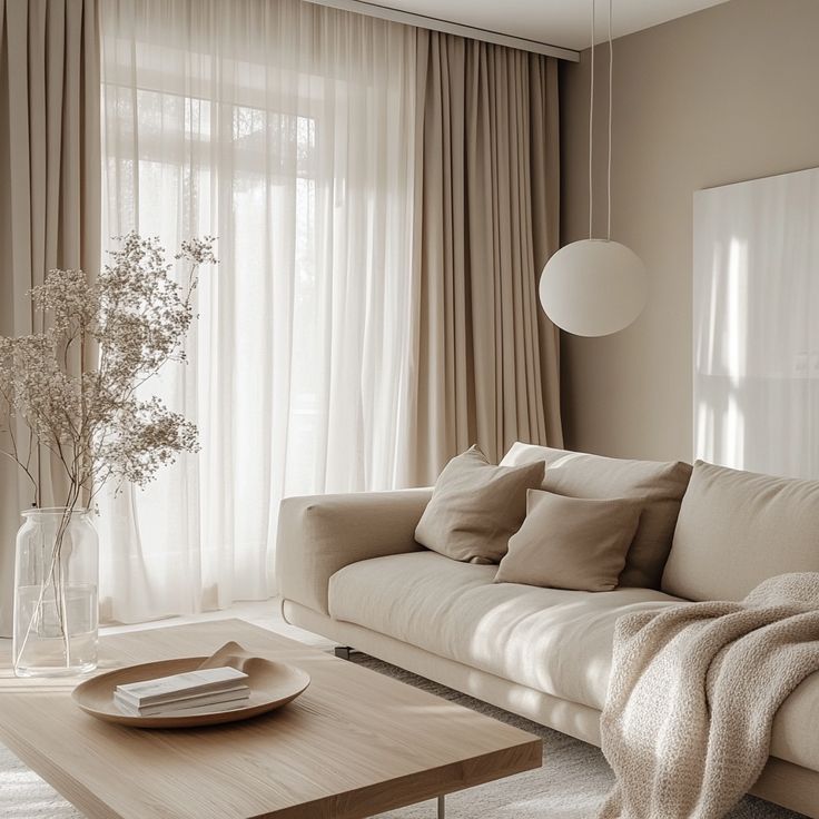 A living room with sheer curtains and sofa with  wooden table and floor 