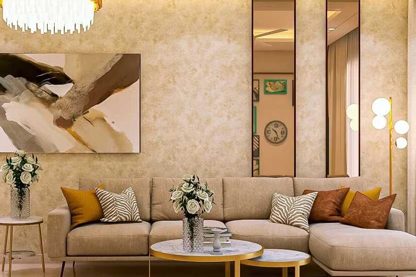 A beige texture wall with gold accents and lights 