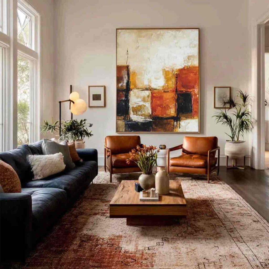 A beige living room with paintion on the wakll 