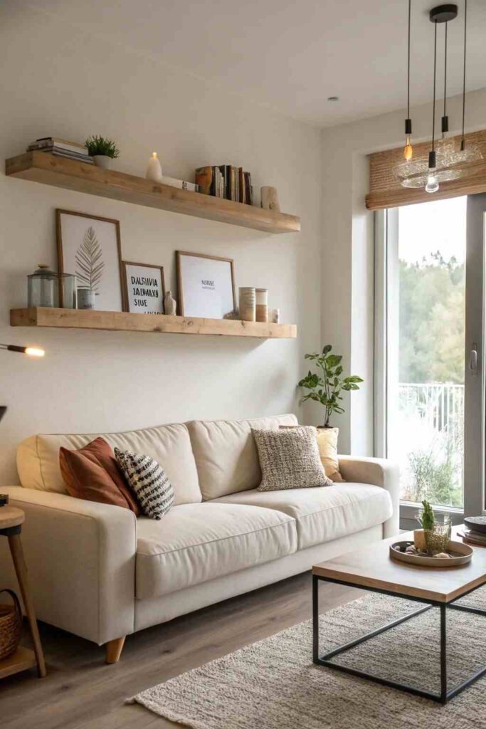A living room with rug on the floor and floating shelves 