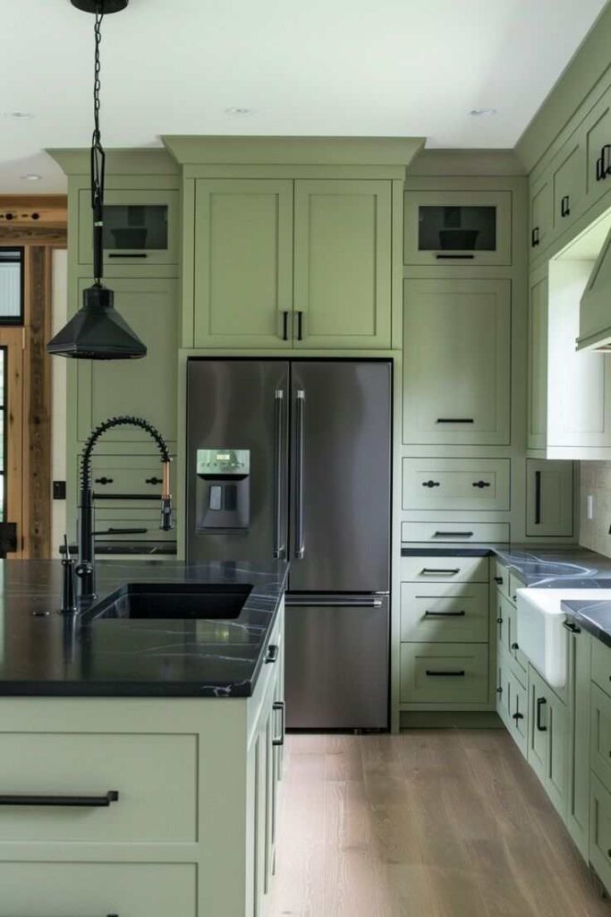 A sage green kitchen with black accents