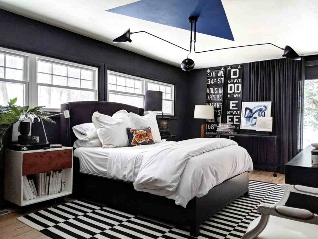 A black and white bedroom with rug on the floor and windows 
