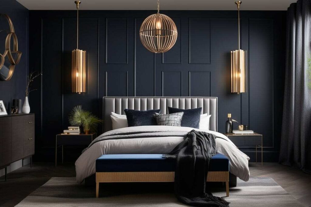 A bedroom with brass fixture lights and bed and side table