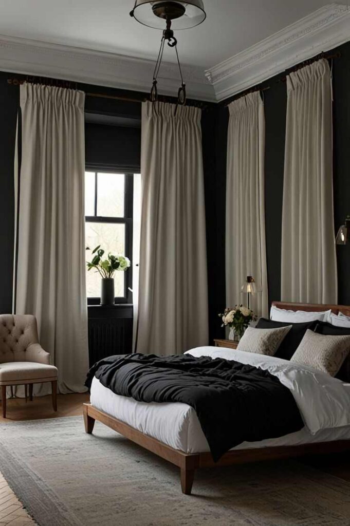 A black bedroom with cream satin curtains and wooden bed and rug on floor