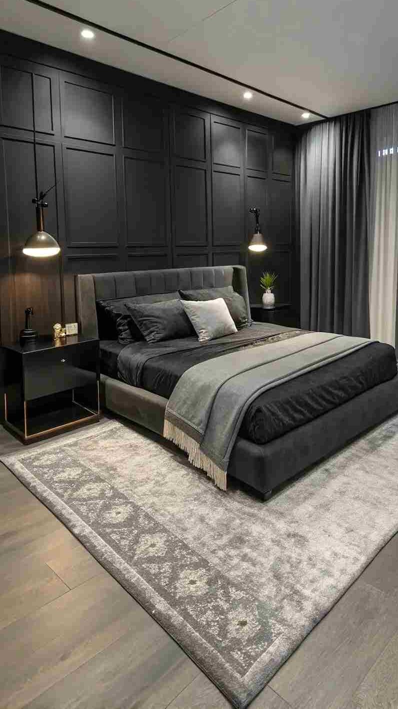 A black bedroom with black nightstand and rug on wooden floor