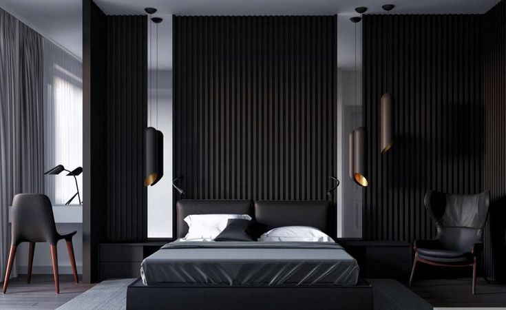 A black wood wall in black bedroom and grey bed sheet and pillow