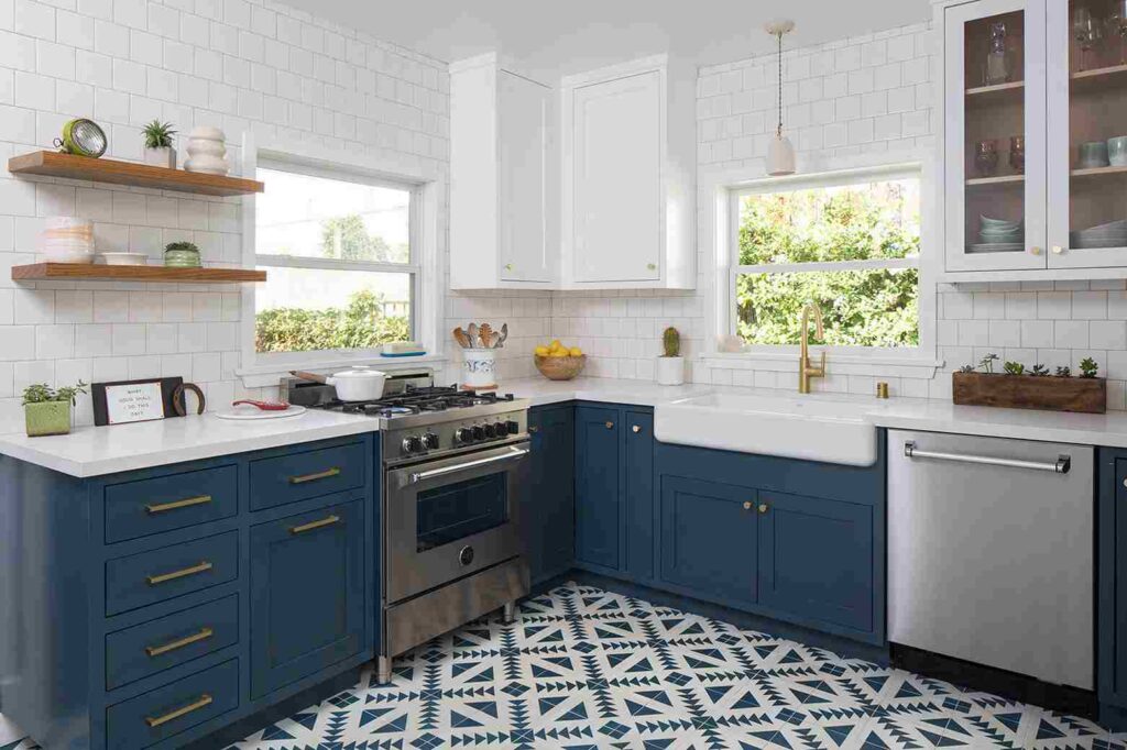 A blue cabinets and floor and white wall