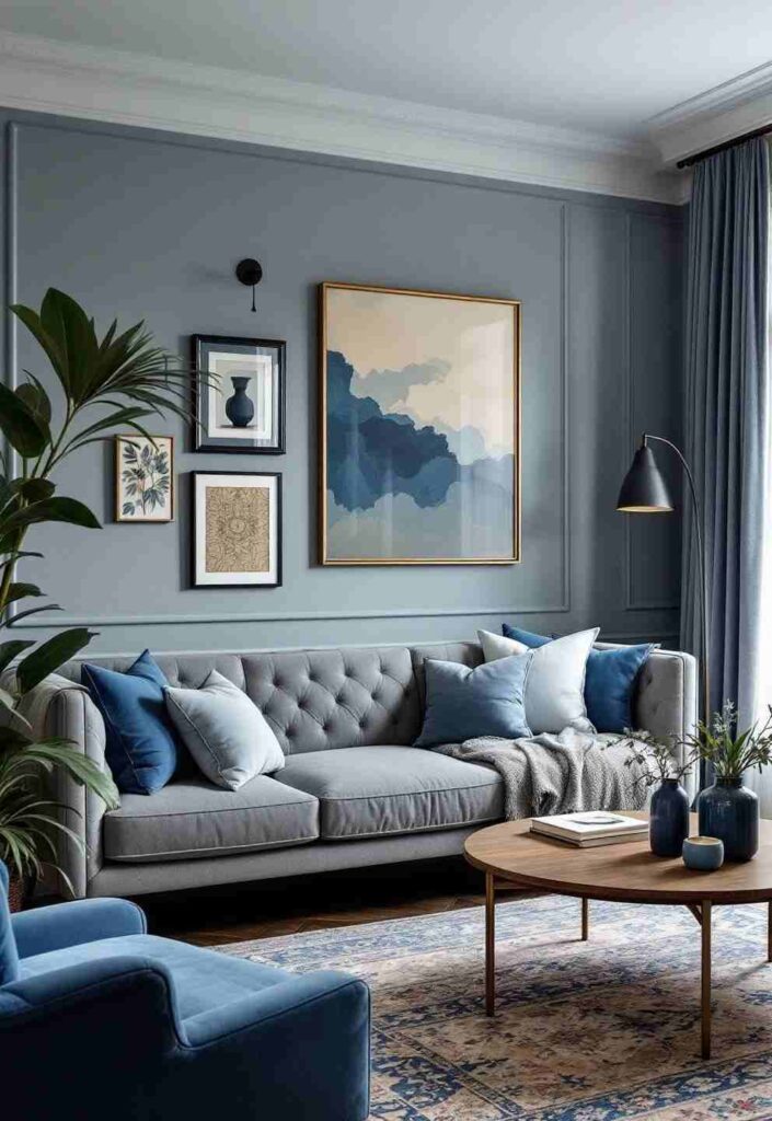 A blue living room with blue painting on the wall