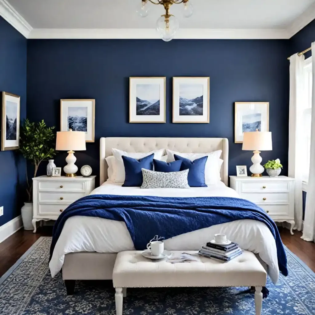 A blue bedroom with white bedding and blue throw and pillow