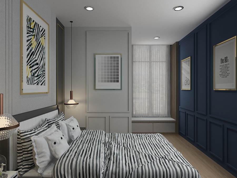 A blue and grey with wainscoting wall and bed with blankets and pillows and painting on the wall