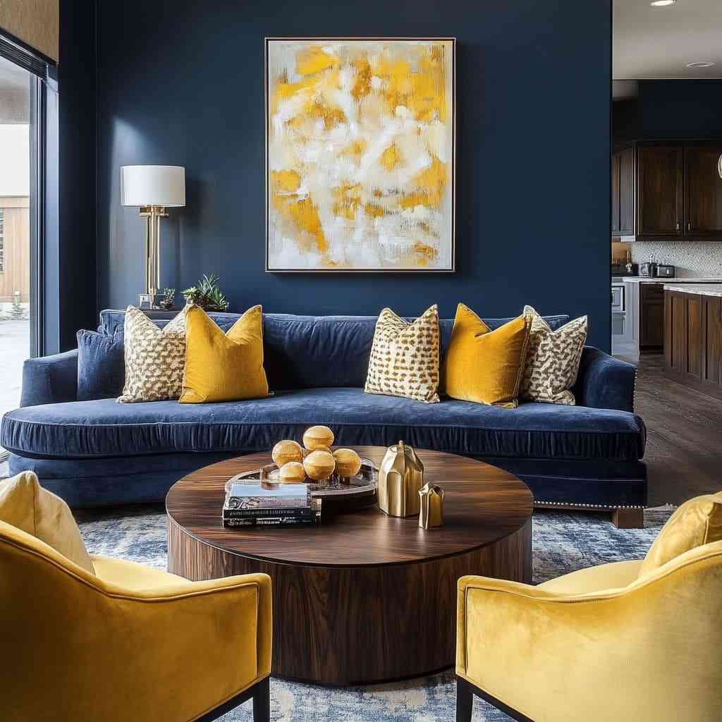 A blue living room with yellow accents and table