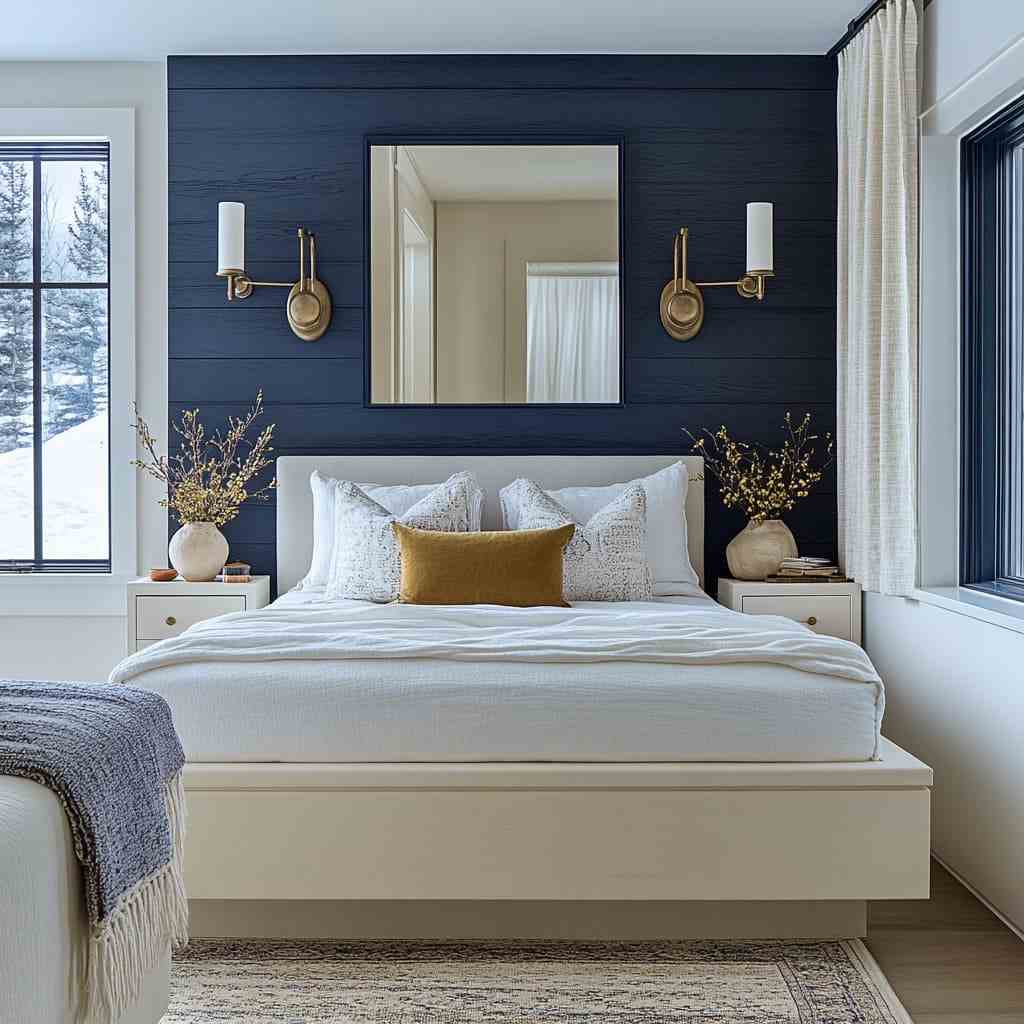 A white shiplap with blue accents bedroom with flower vase on side table