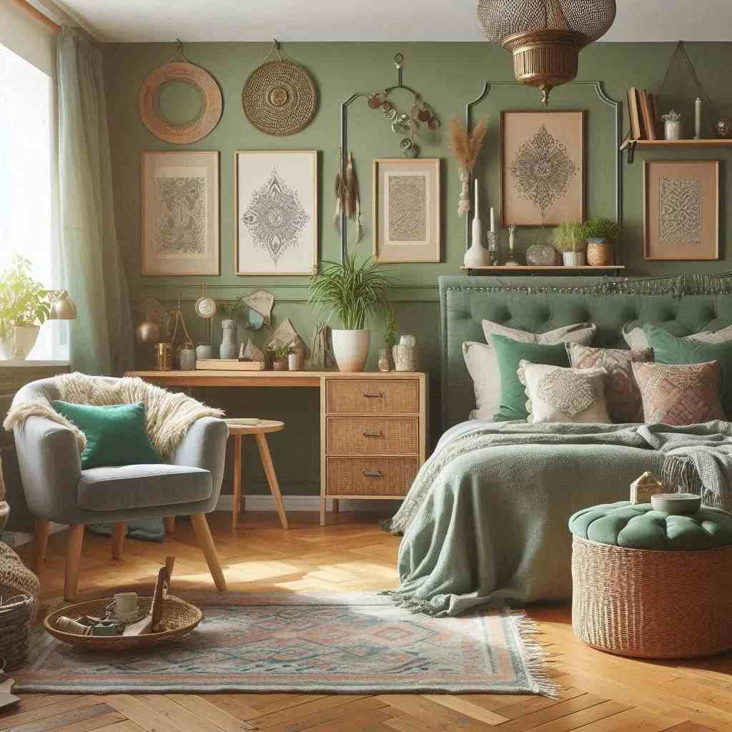 A sage green bedroom with rug on wooden floor and side table