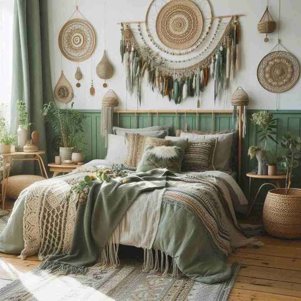 A sage green bedding and boho style wall