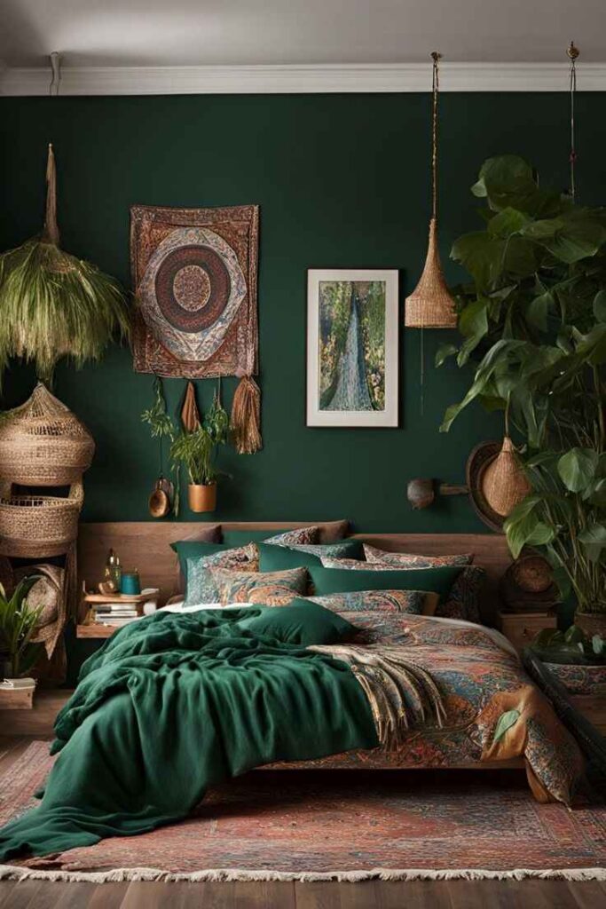 A boho style dark green bedroom with wooden floor with rug 
