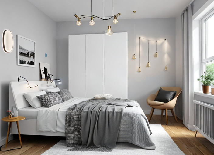 A bedroom with lights and wooden floor and chair and windows 