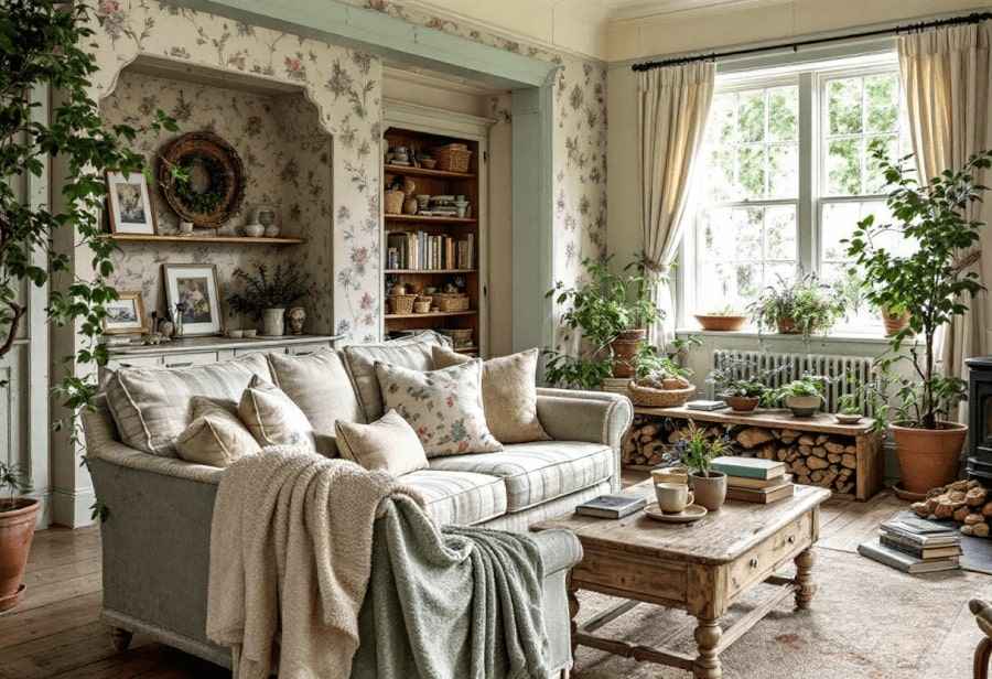 A cottage living room with plants and sofa and table