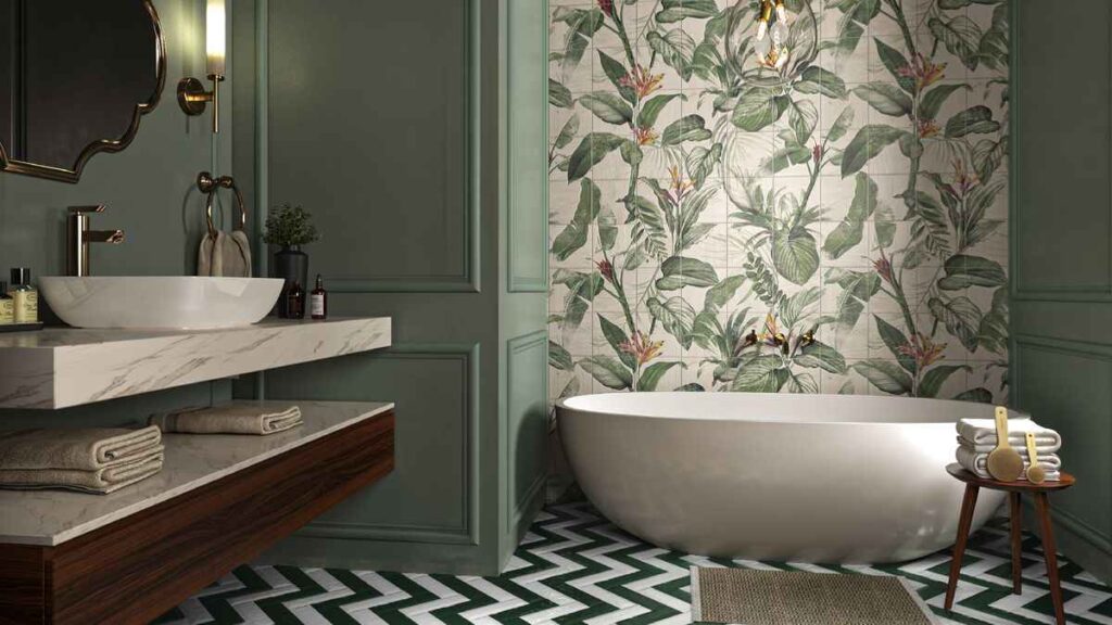 A bathroom with botanical elements and white bathtub and mirror on the wall
