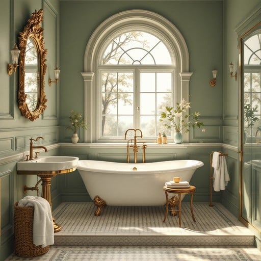A bathroom with brass fixture withe white bathtub and floor 