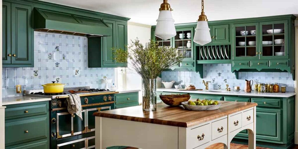 A green kitchen with wooden courter top and lights above the wall