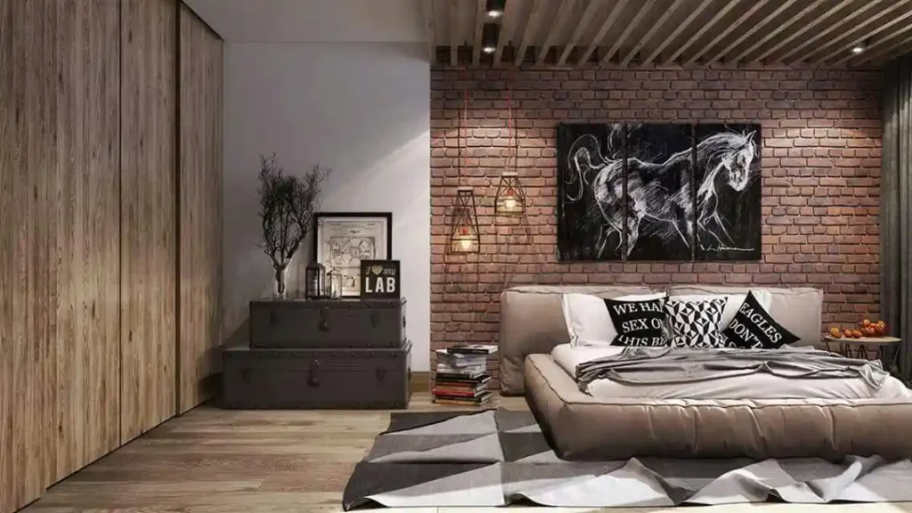 A bedroom with brick wall an painting on the wall and light