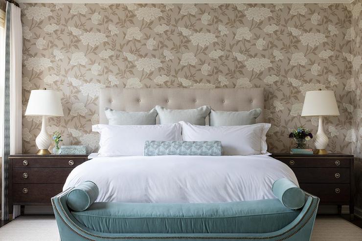 A white and brown wallpaper with side table 