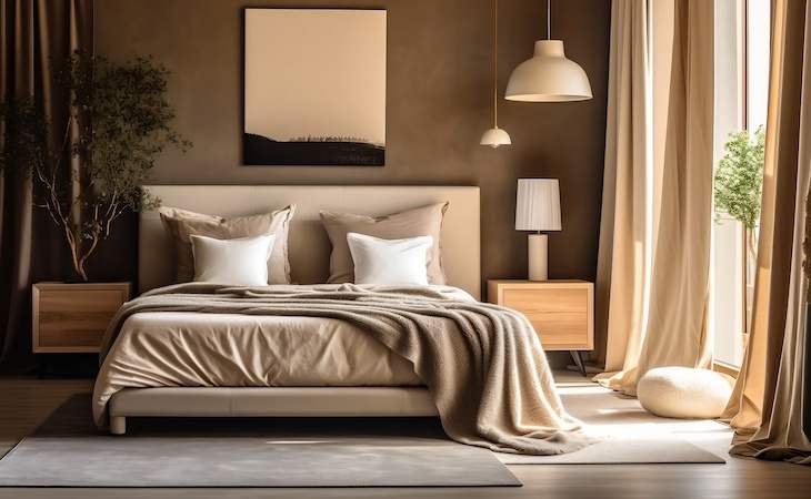 A brown bedroom with beige blankets and pillow 