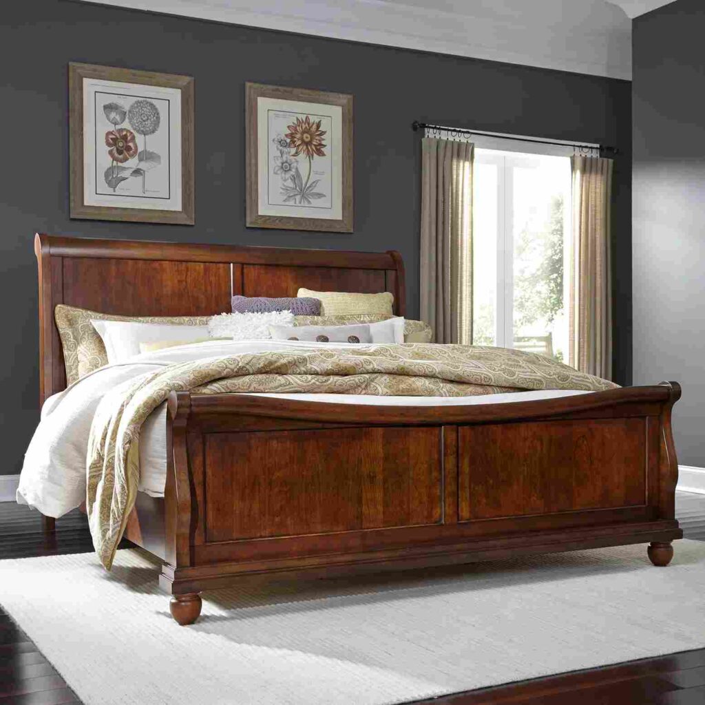 A bedroom with brown bedding with white windows with curtains 